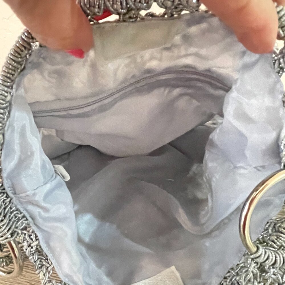 Crossbody Bag Macrame Crochet Beaded Fringe Silver Purse - Picture 8 of 9